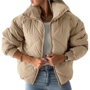 Merokeety Women Short Puffer Jacket Winter Cropped Coat Beige Size S